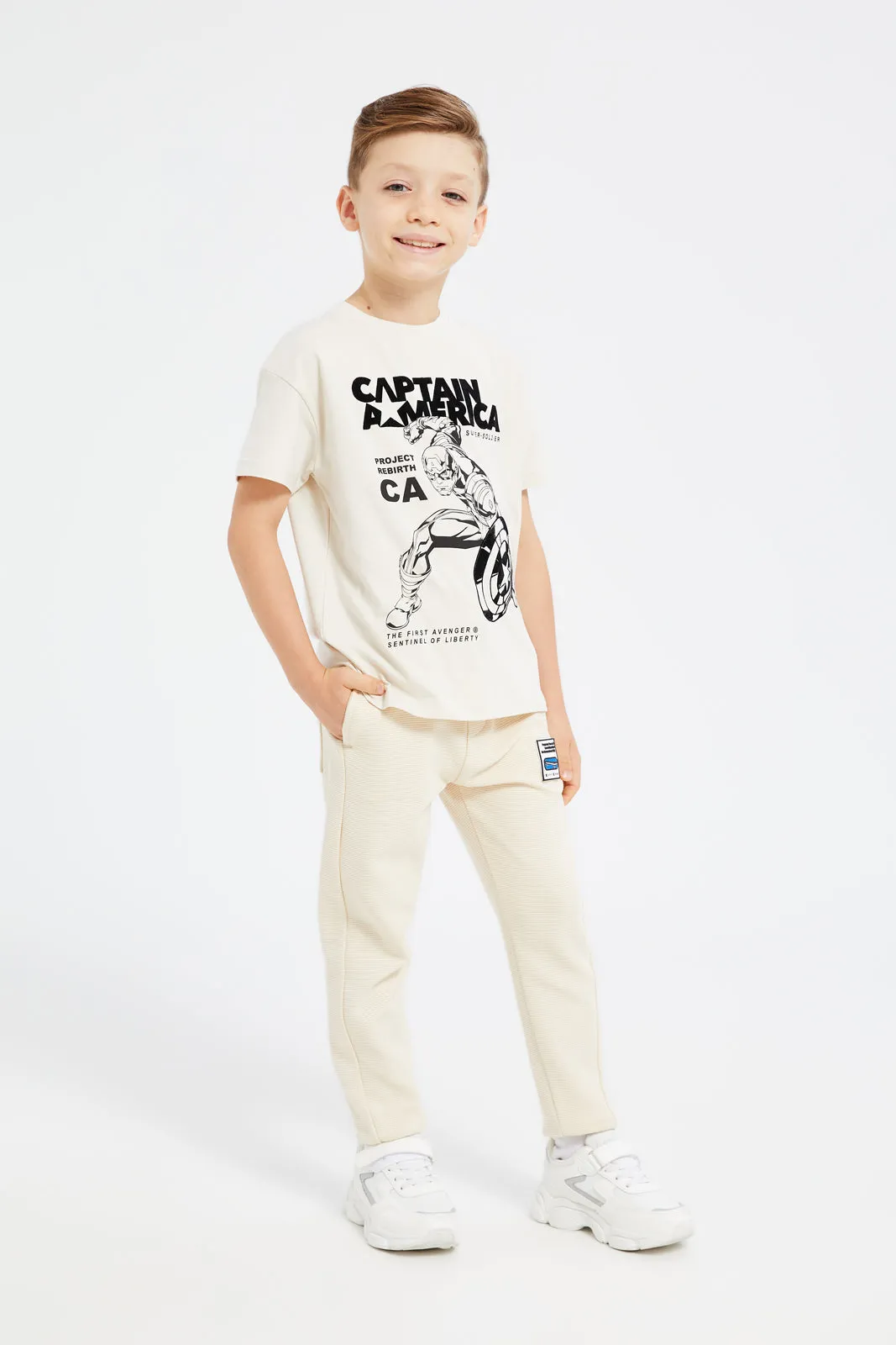 Boys Beige Captain America Printed T-Shirt