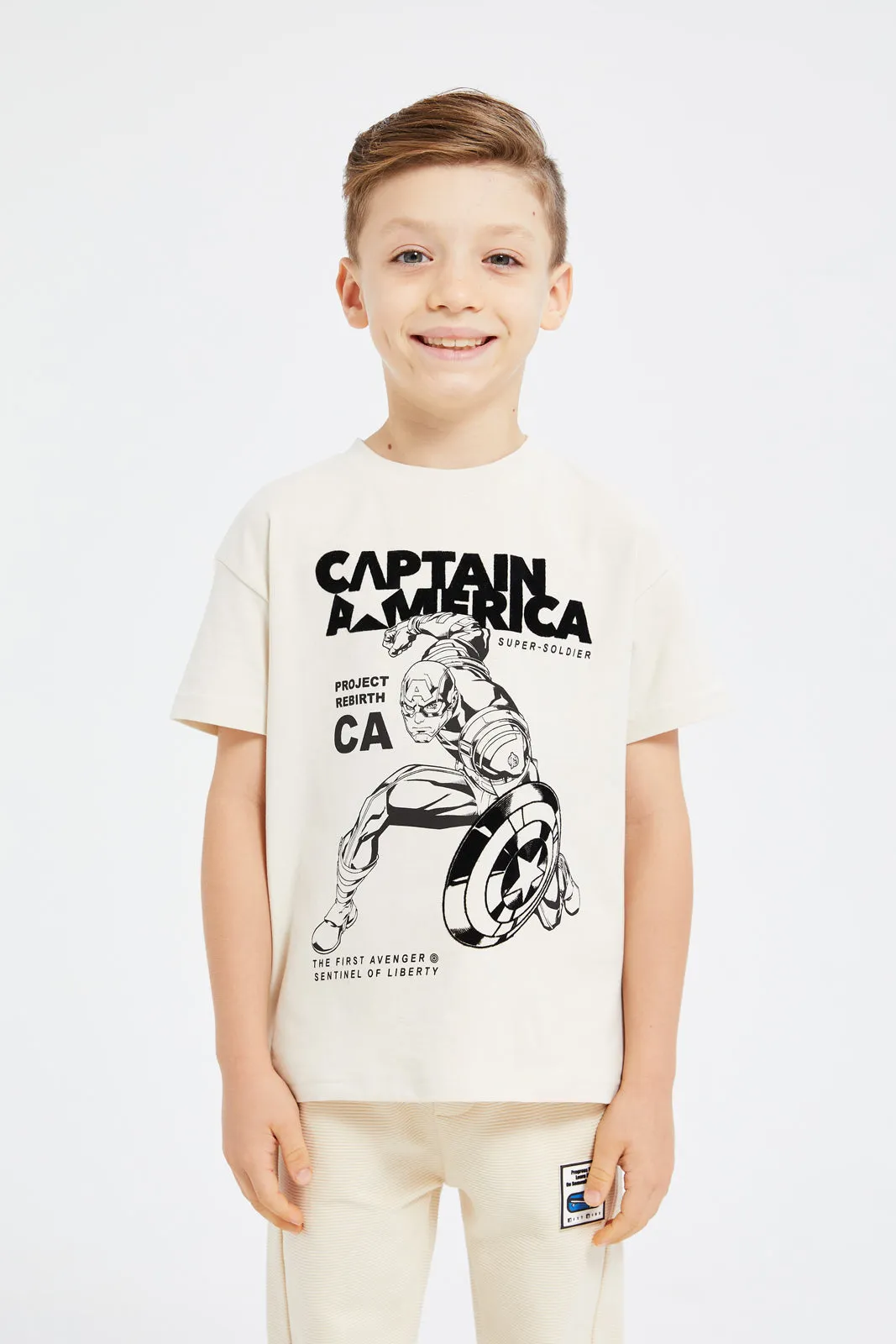 Boys Beige Captain America Printed T-Shirt