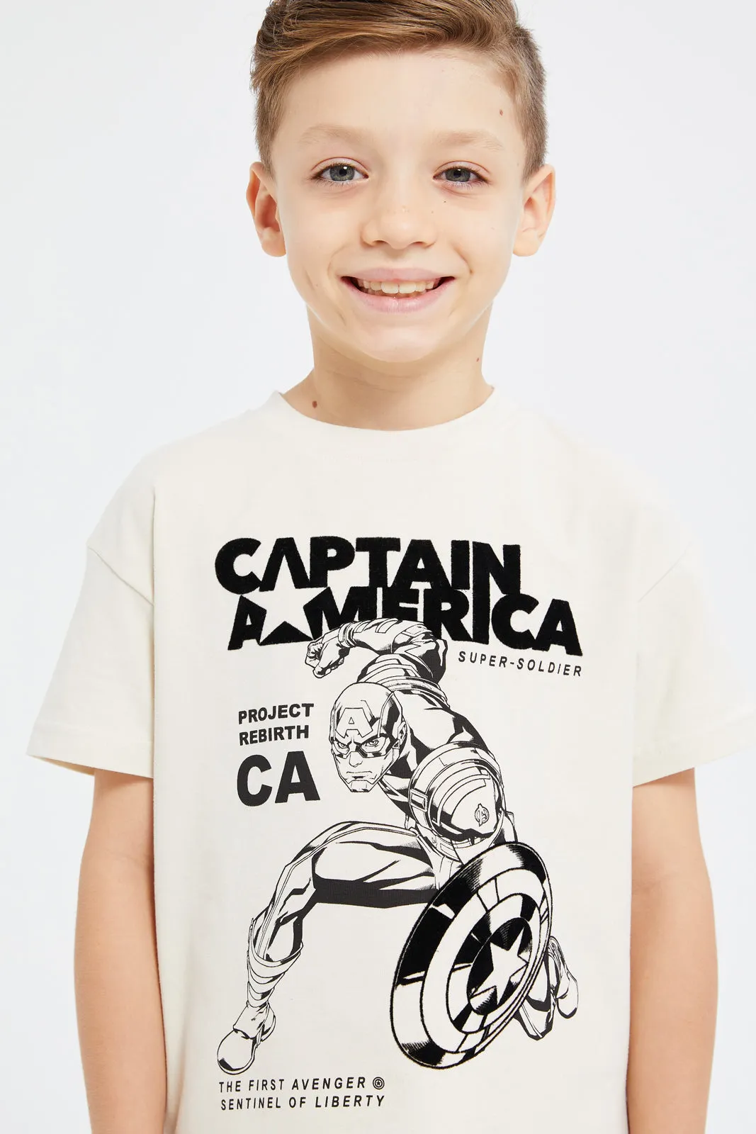 Boys Beige Captain America Printed T-Shirt