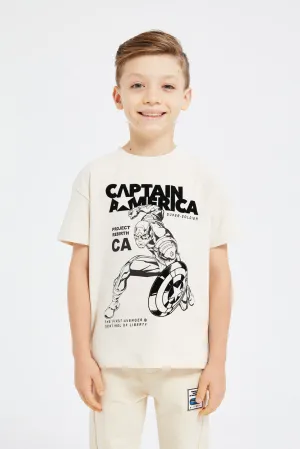 Boys Beige Captain America Printed T-Shirt
