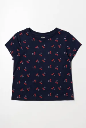 Cherry Glitter Short Sleeve T-Shirt Navy