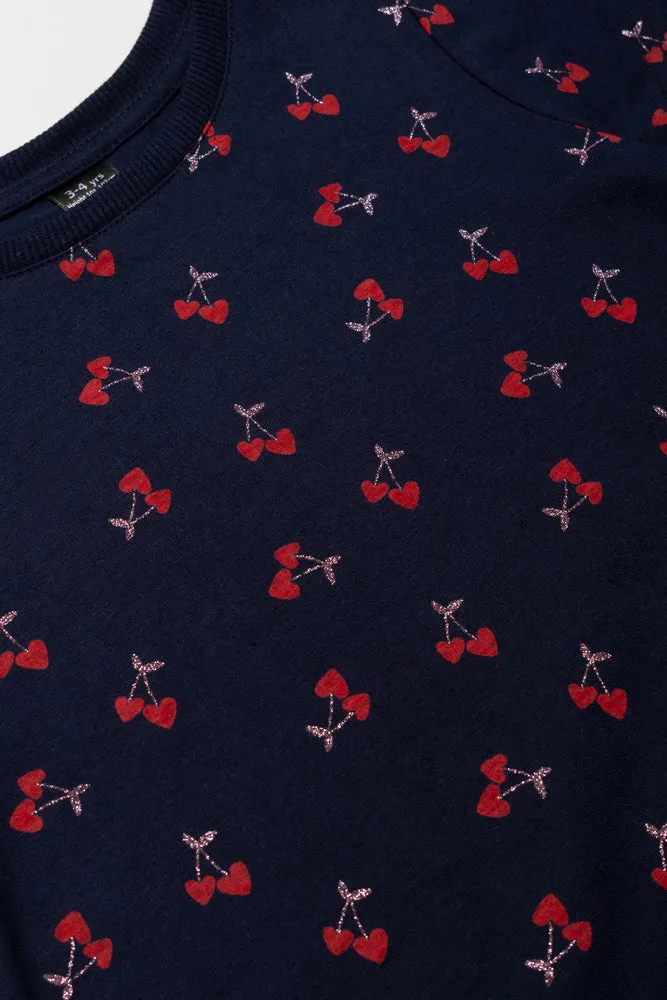 Cherry Glitter Short Sleeve T-Shirt Navy