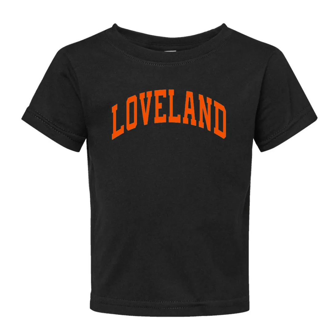 Curved Block Loveland Classic T-Shirt on Black-TODDLER