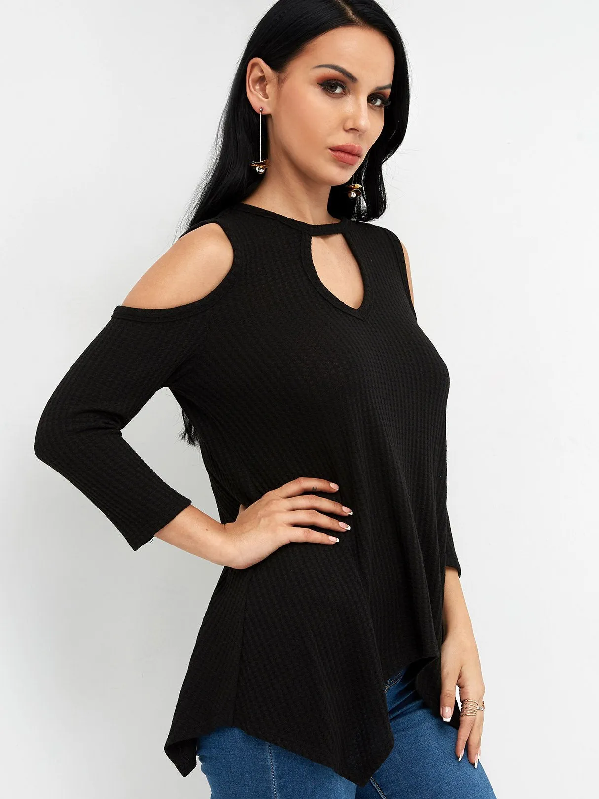 Custom Crew Neck Cold Shoulder Cut Out 3/4 Sleeve Irregular Hem Black T-Shirts