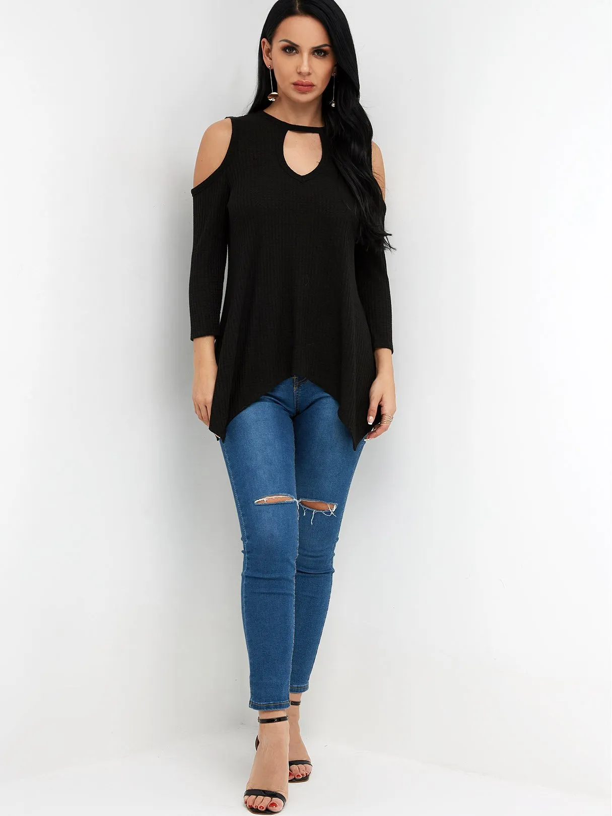Custom Crew Neck Cold Shoulder Cut Out 3/4 Sleeve Irregular Hem Black T-Shirts