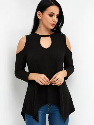Custom Crew Neck Cold Shoulder Cut Out 3/4 Sleeve Irregular Hem Black T-Shirts