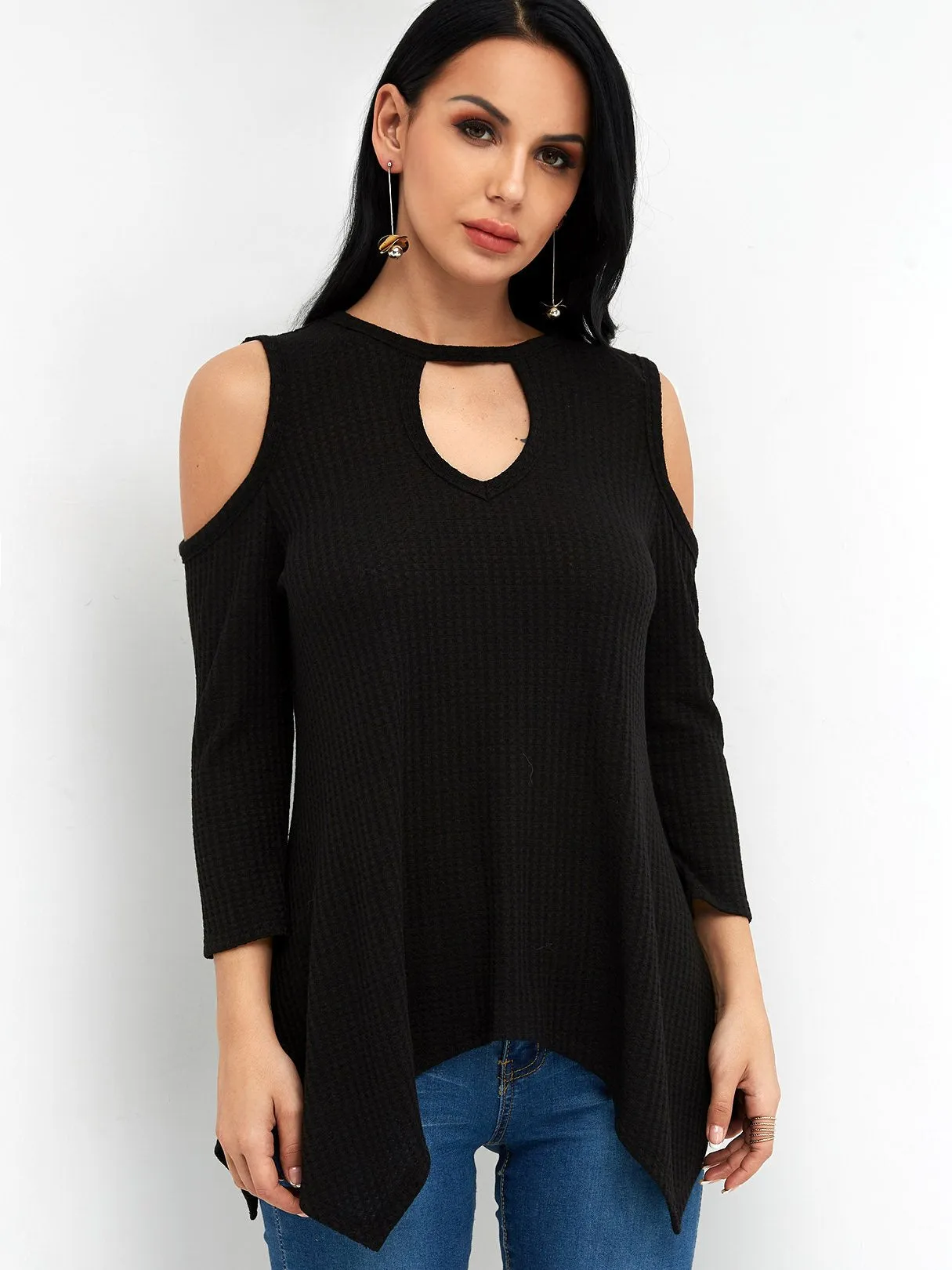 Custom Crew Neck Cold Shoulder Cut Out 3/4 Sleeve Irregular Hem Black T-Shirts