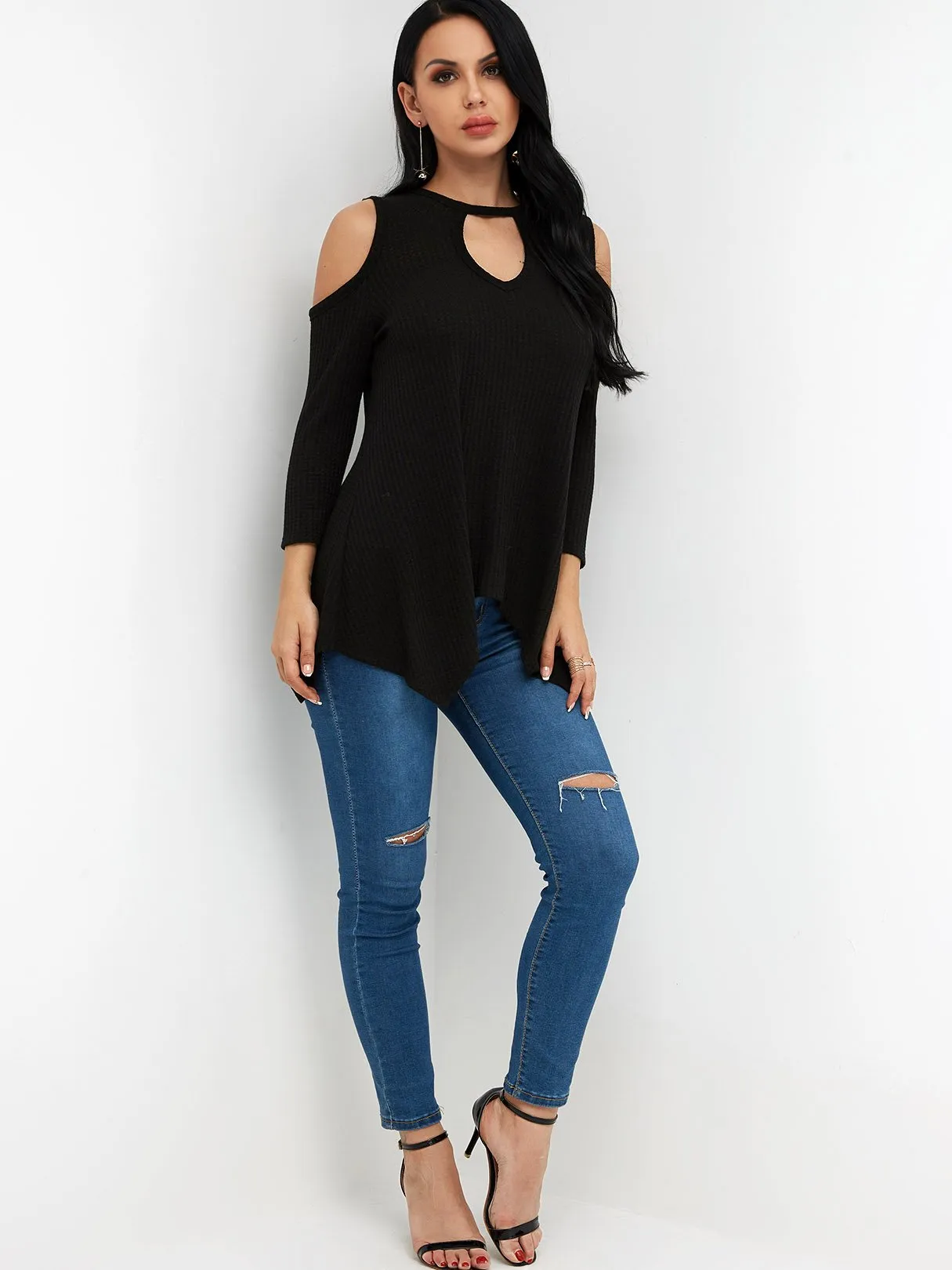 Custom Crew Neck Cold Shoulder Cut Out 3/4 Sleeve Irregular Hem Black T-Shirts