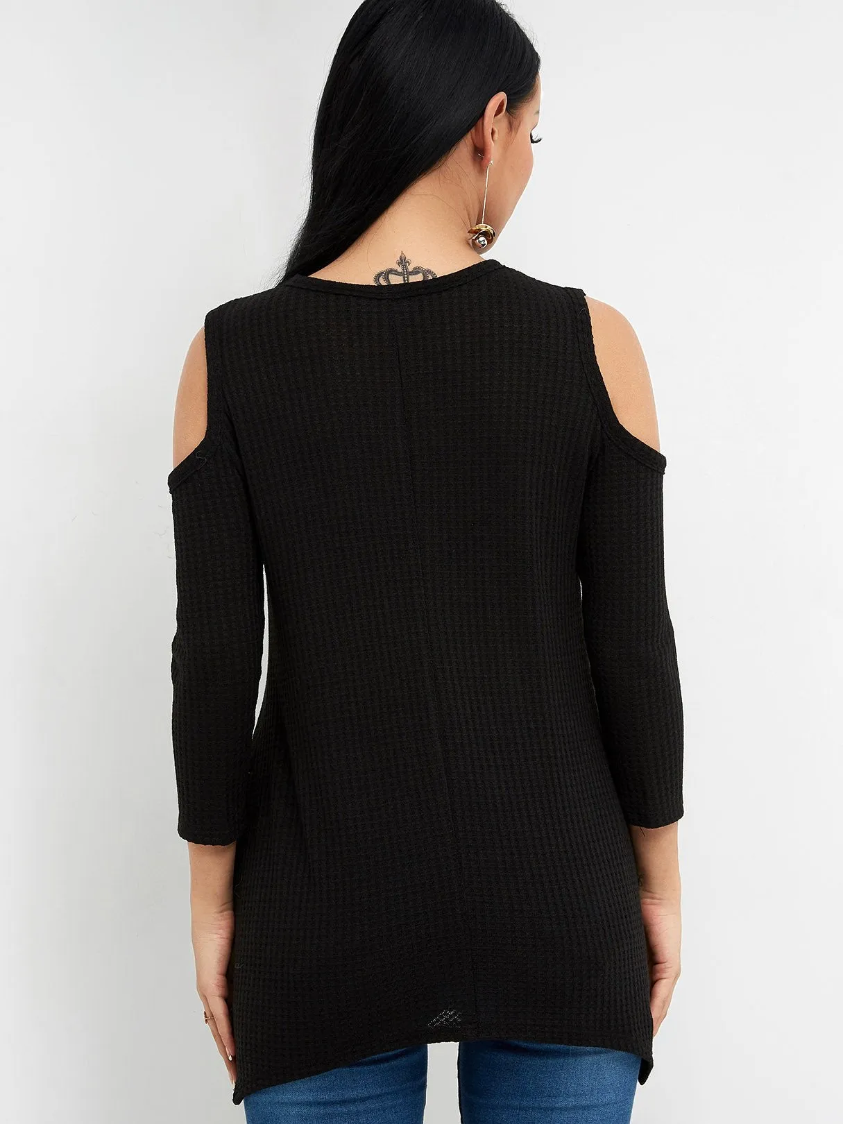 Custom Crew Neck Cold Shoulder Cut Out 3/4 Sleeve Irregular Hem Black T-Shirts