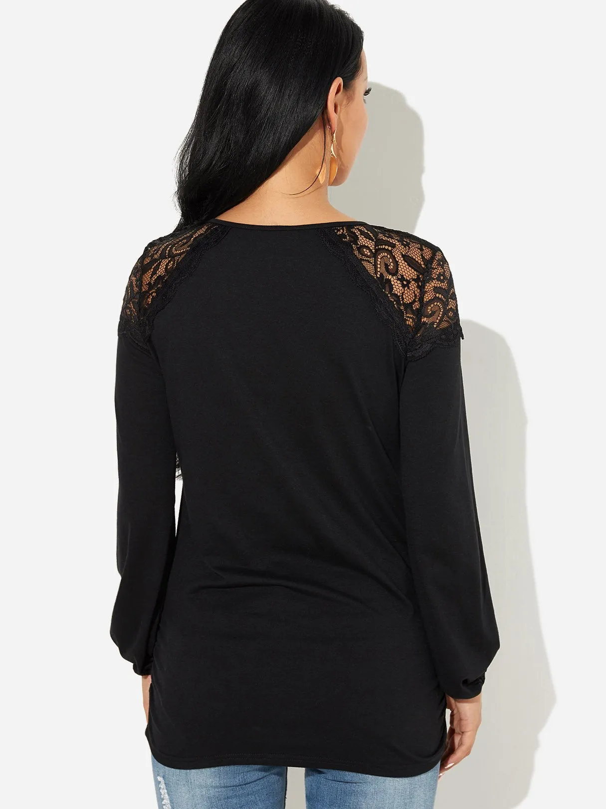 Custom Crew Neck Plain Lace Cut Out Long Sleeve Black T-Shirts