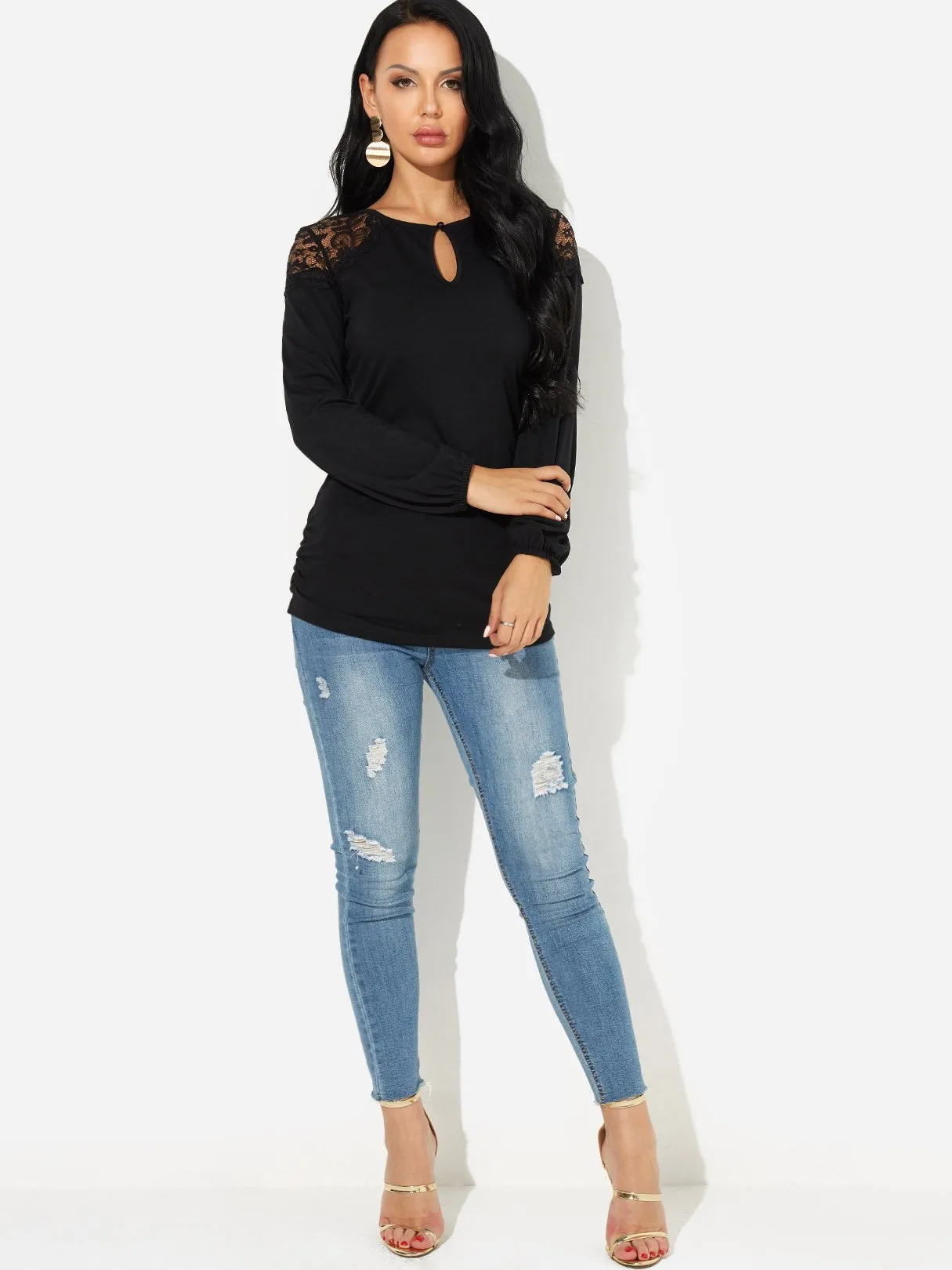 Custom Crew Neck Plain Lace Cut Out Long Sleeve Black T-Shirts