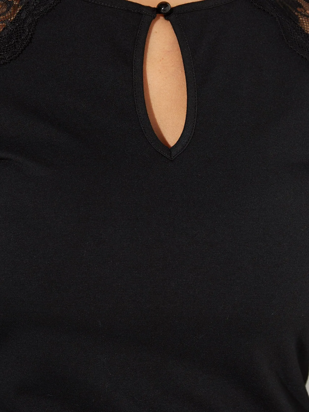 Custom Crew Neck Plain Lace Cut Out Long Sleeve Black T-Shirts