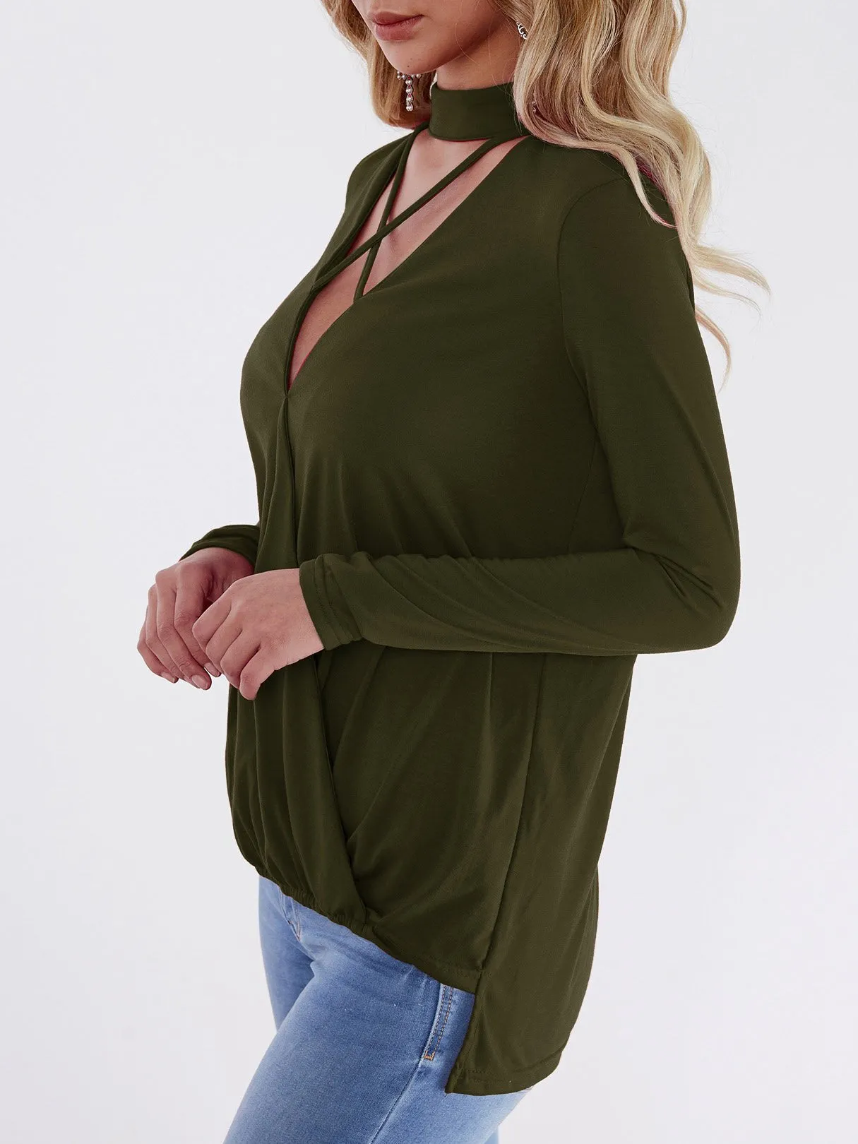 Custom Deep V-Neck Plain Crossed Front Long Sleeve Army Green Top