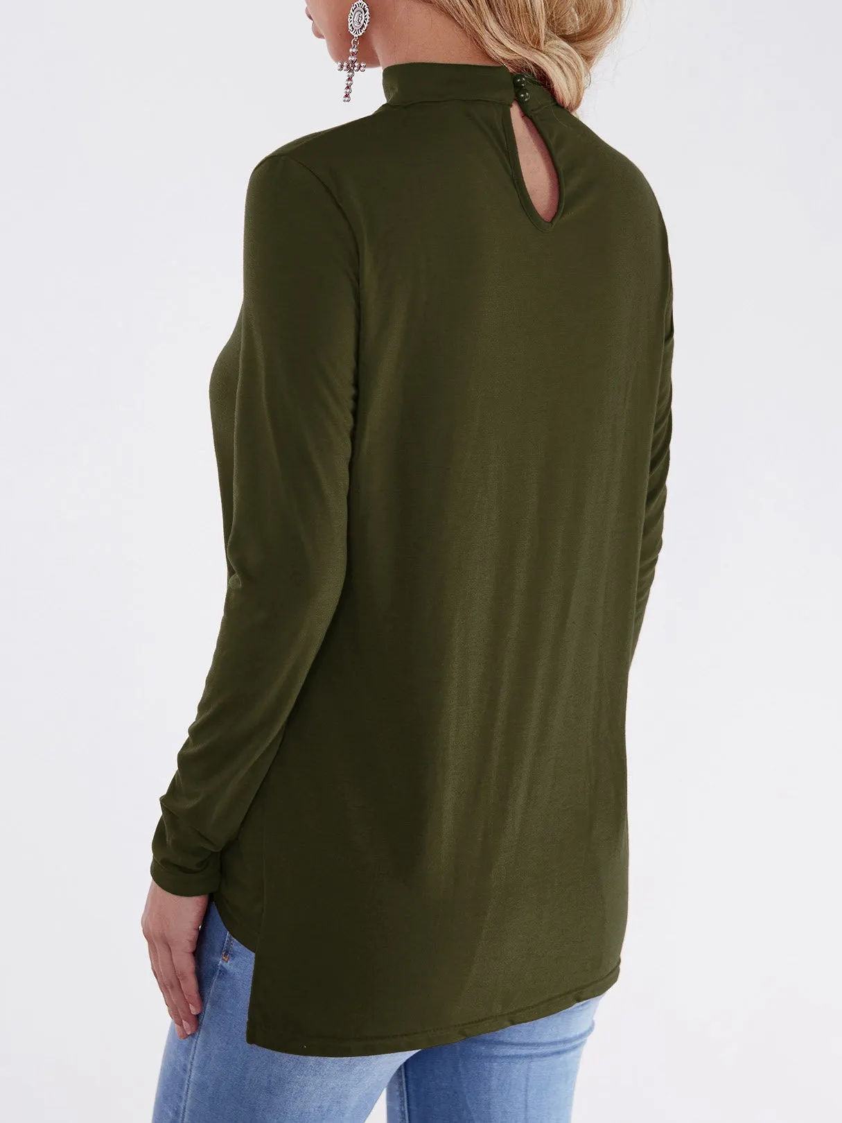 Custom Deep V-Neck Plain Crossed Front Long Sleeve Army Green Top