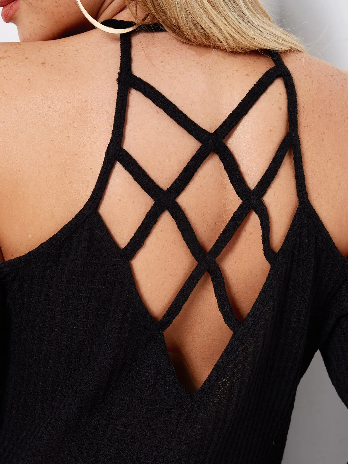Custom Halter Lace Lace-Up Cut Out Long Sleeve Black Top