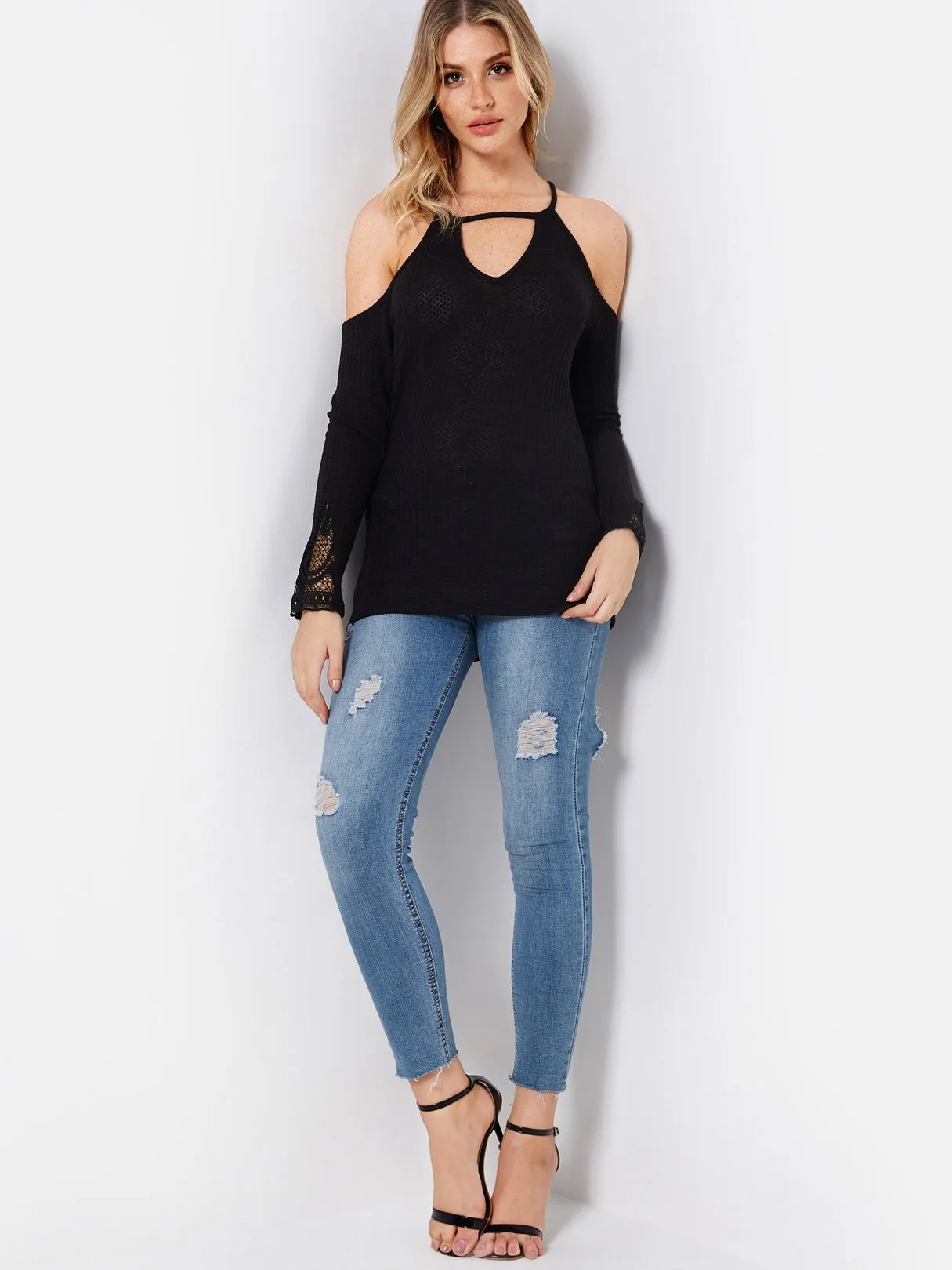 Custom Halter Lace Lace-Up Cut Out Long Sleeve Black Top