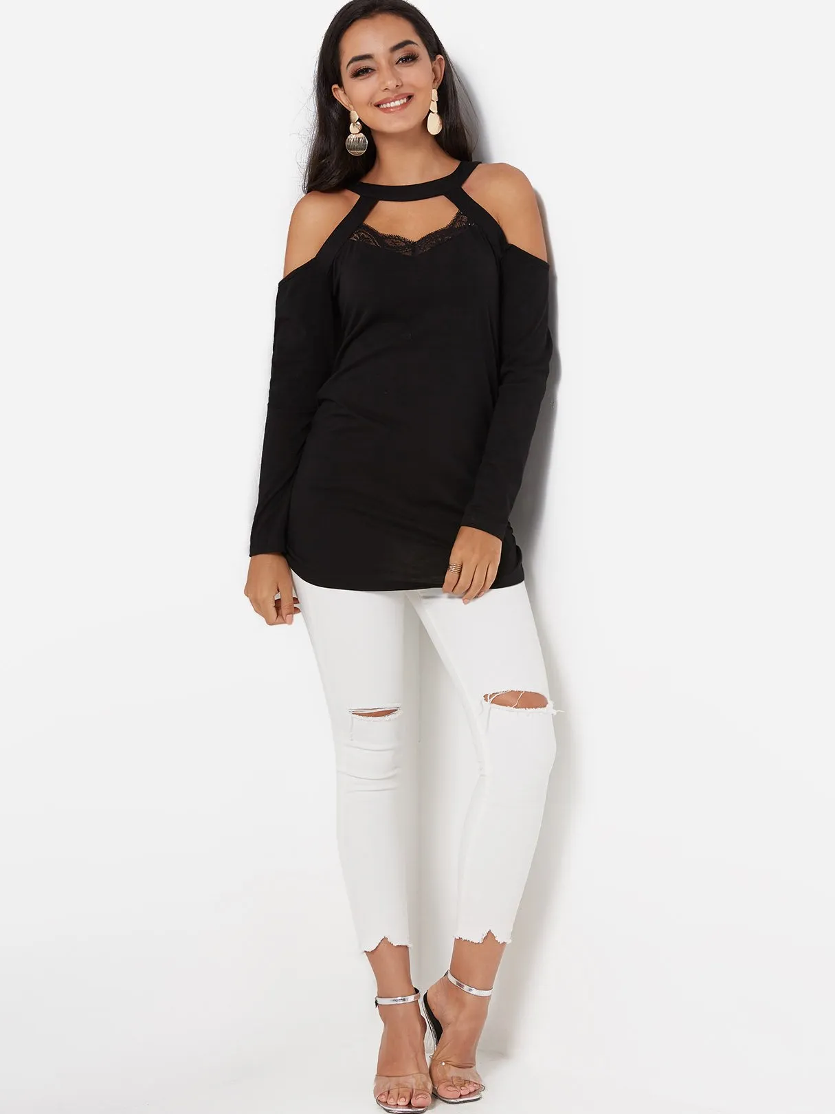 Custom Halter Plain Lace Cut Out Long Sleeve Ruffle Hem Black Top