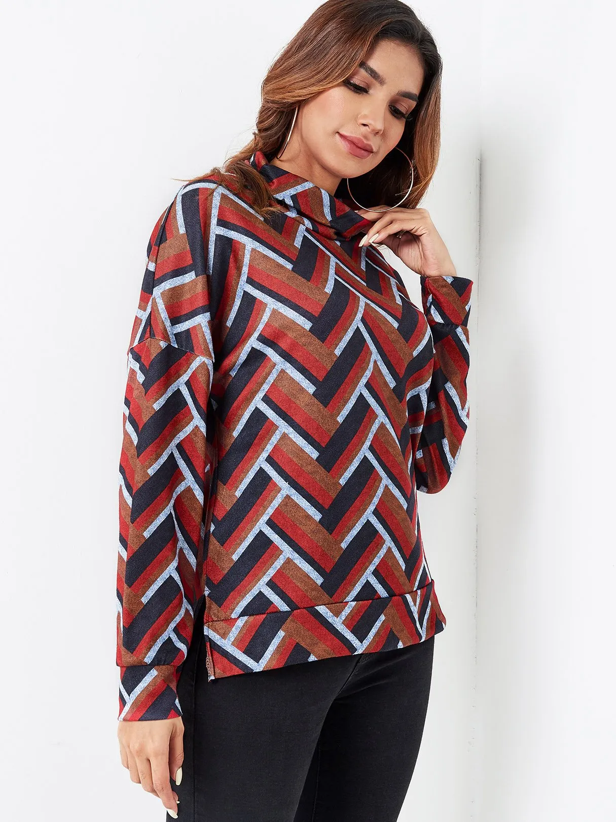 Custom High Neck Long Sleeve Slit Hem T-Shirts