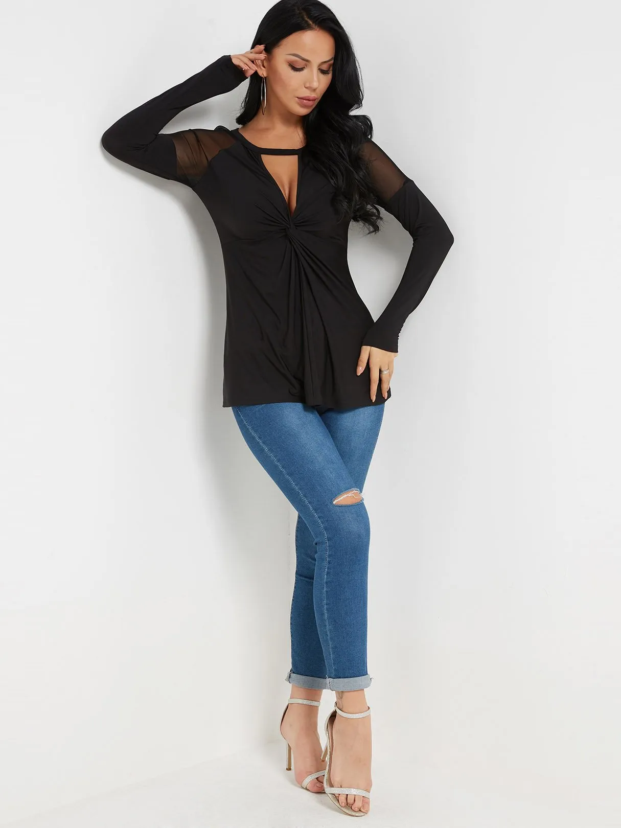 Custom Round Neck Cut Out Pleated Long Sleeve Black Top