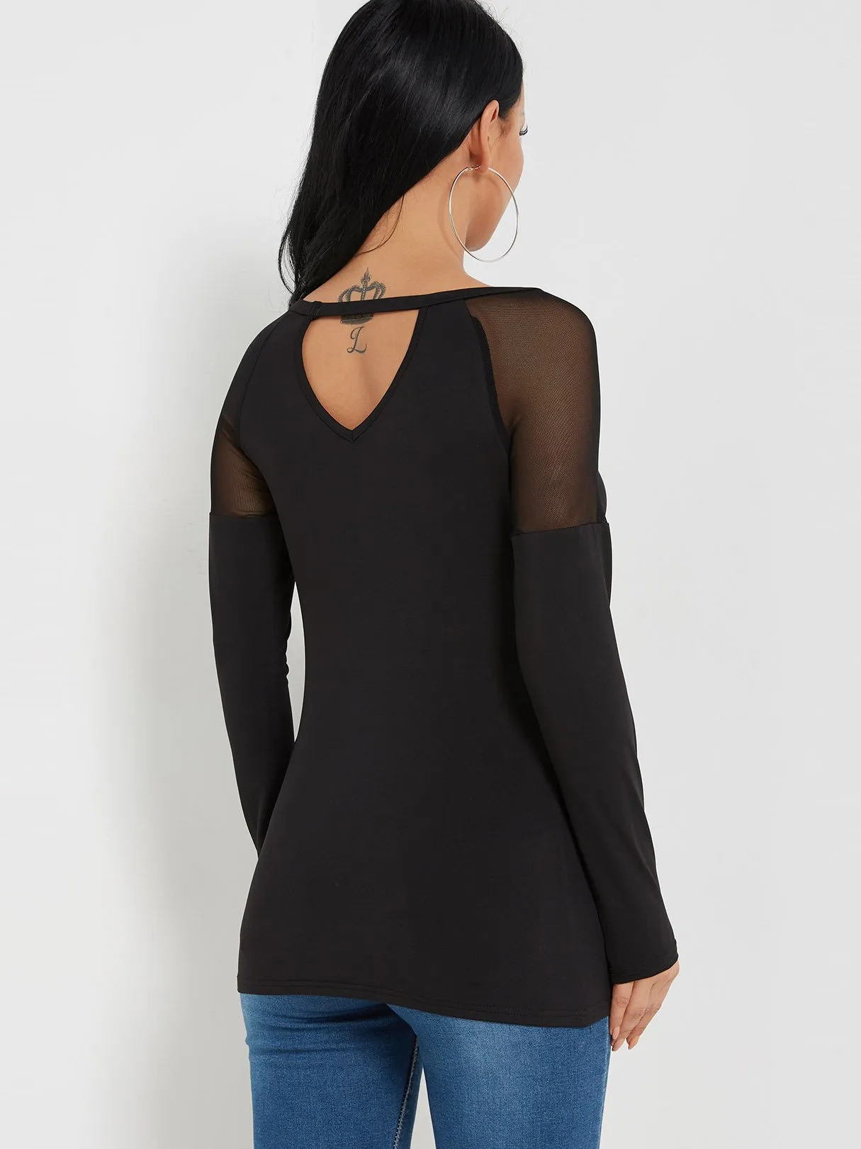 Custom Round Neck Cut Out Pleated Long Sleeve Black Top