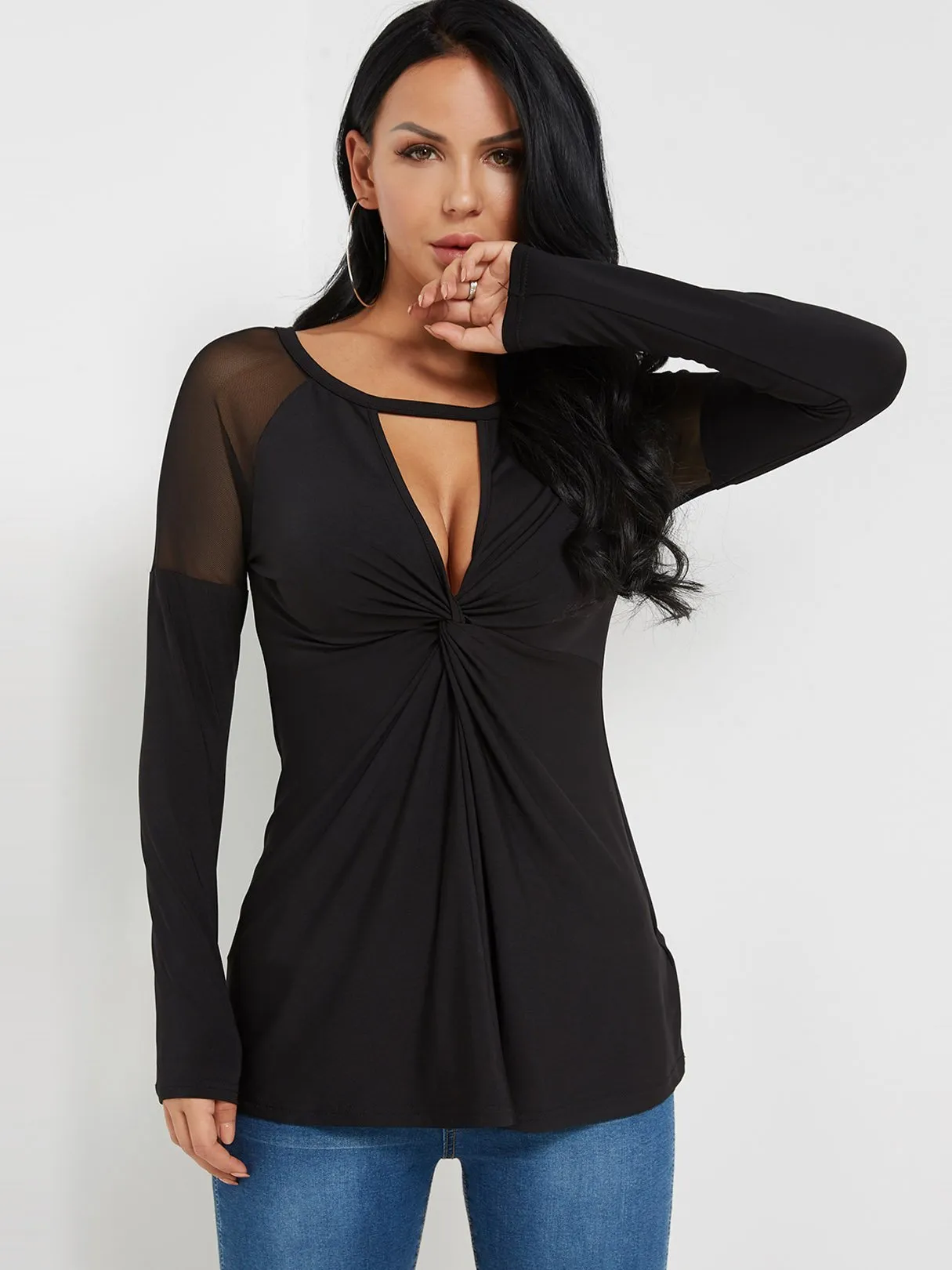 Custom Round Neck Cut Out Pleated Long Sleeve Black Top