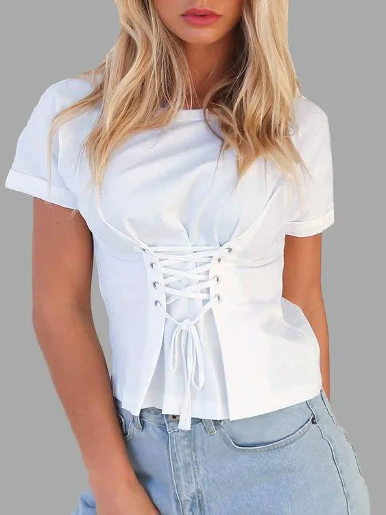 Custom Round Neck Lace-Up Short Sleeve T-Shirts