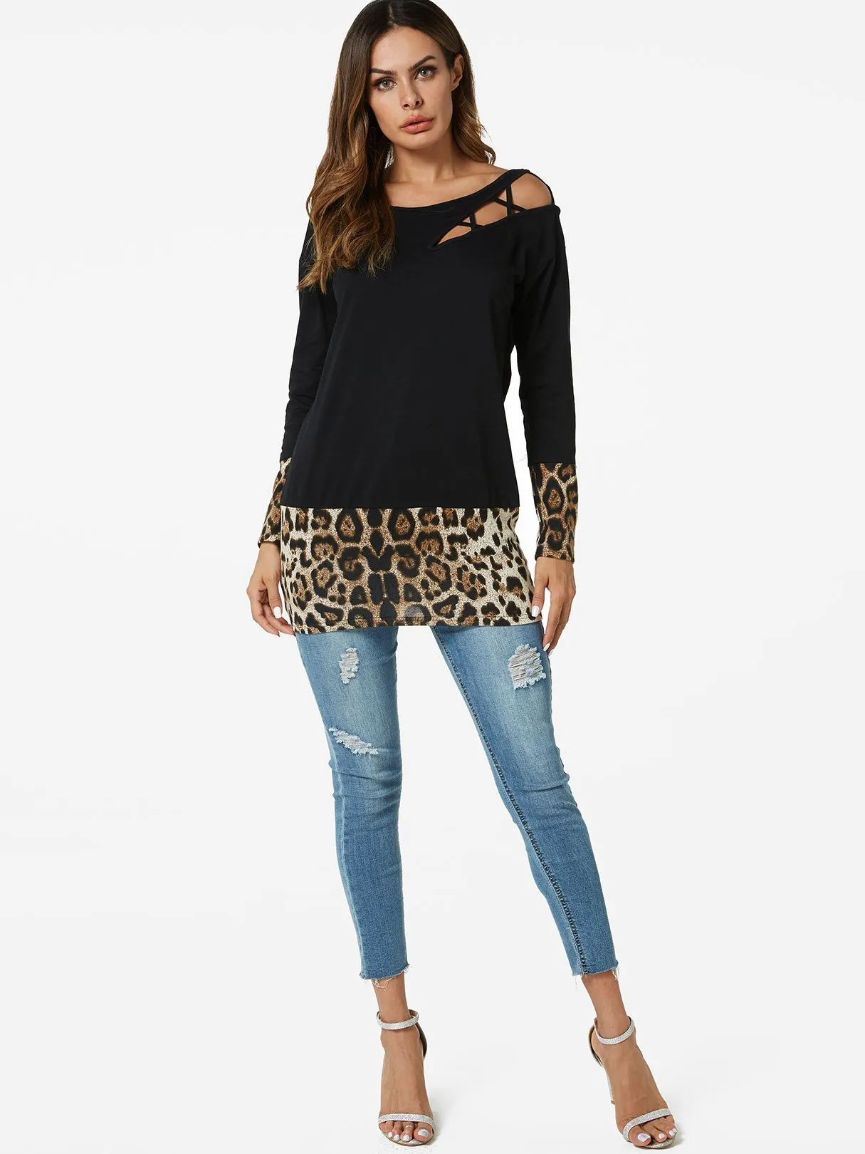 Custom Round Neck Leopard Lace-Up Cut Out Long Sleeve Black T-Shirts
