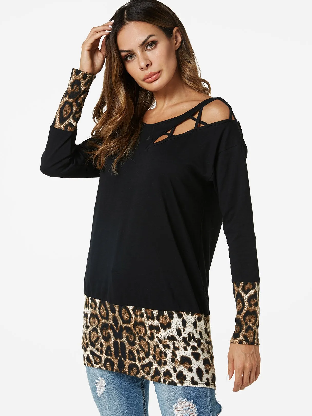 Custom Round Neck Leopard Lace-Up Cut Out Long Sleeve Black T-Shirts