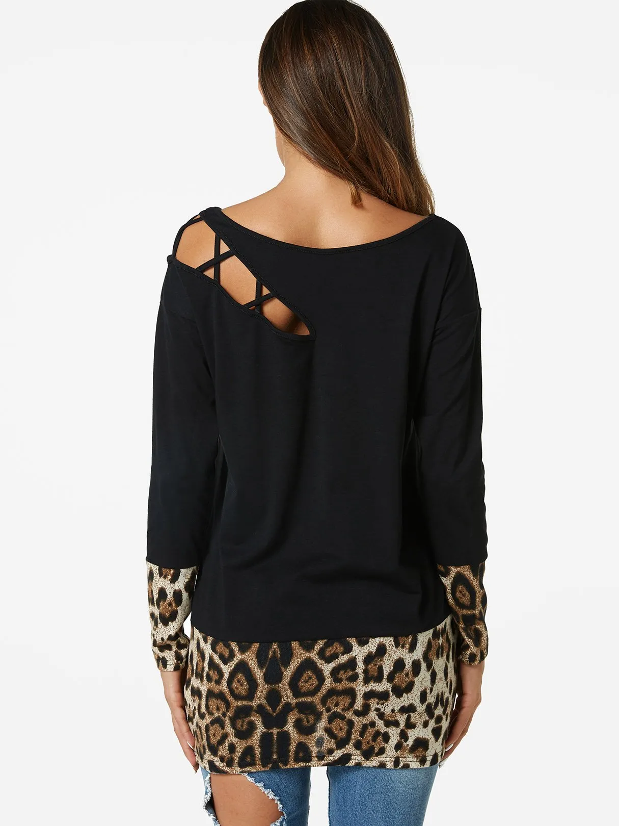 Custom Round Neck Leopard Lace-Up Cut Out Long Sleeve Black T-Shirts