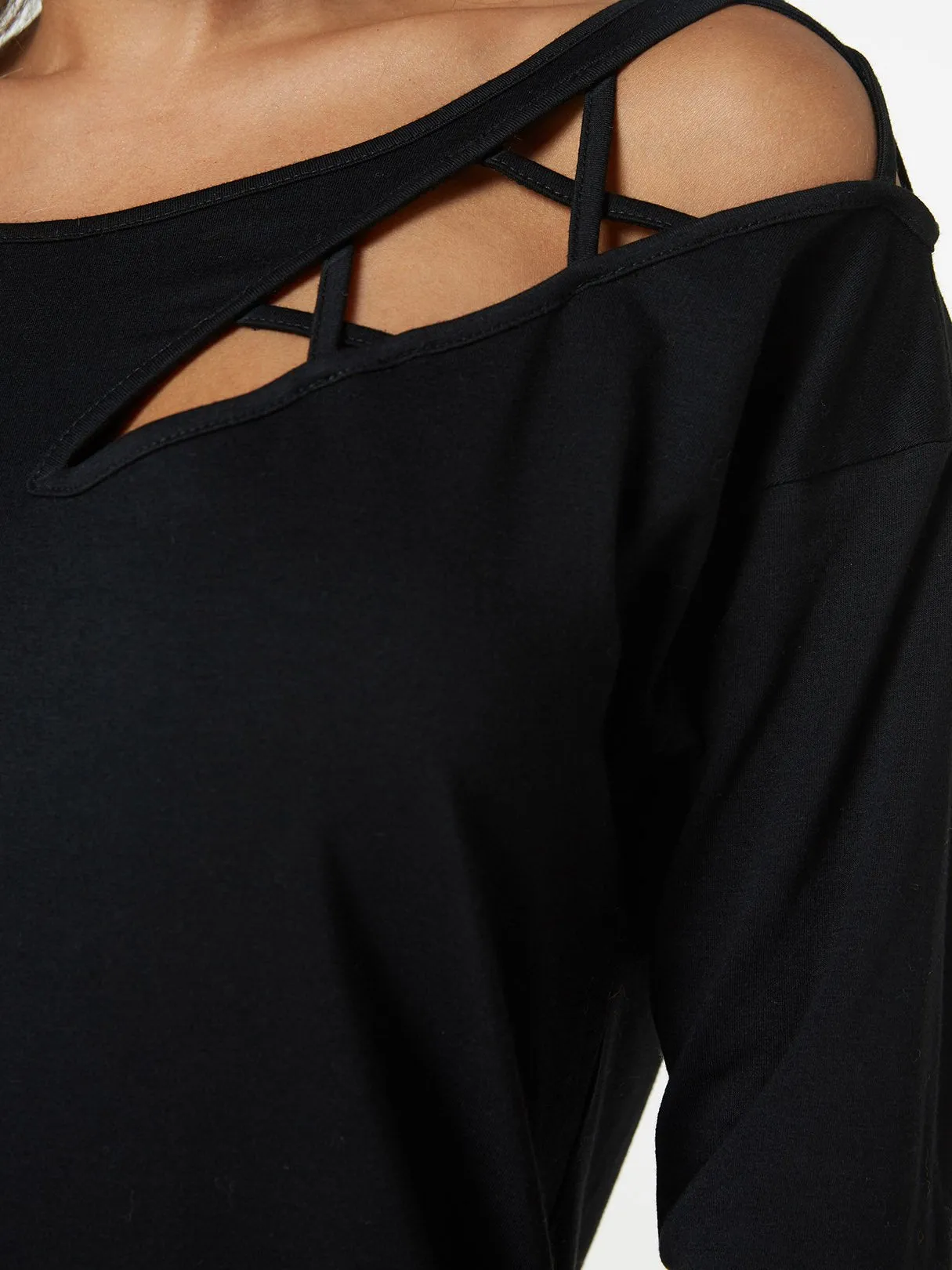 Custom Round Neck Leopard Lace-Up Cut Out Long Sleeve Black T-Shirts