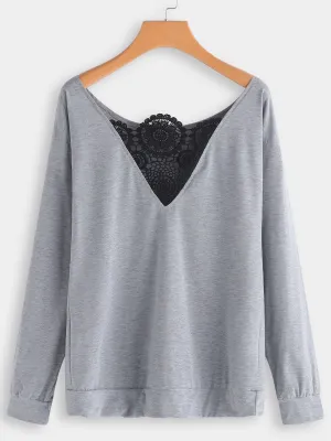 Custom Round Neck One Shoulder Plain Lace Long Sleeve Grey T-Shirts