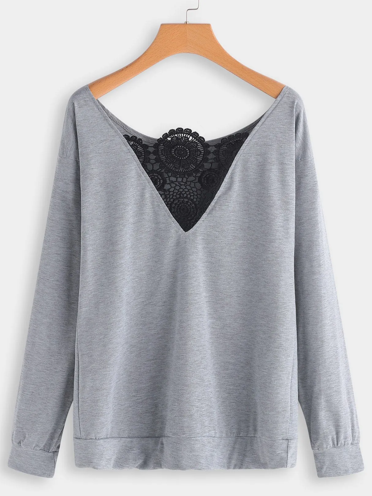 Custom Round Neck One Shoulder Plain Lace Long Sleeve Grey T-Shirts