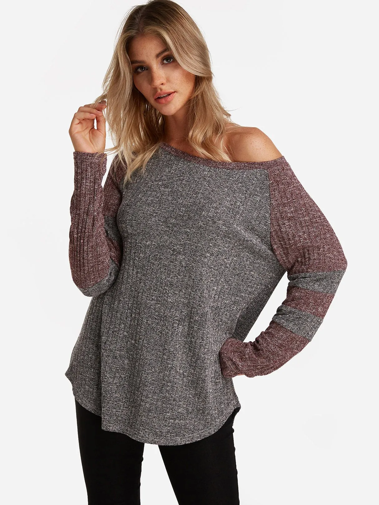 Custom Round Neck One Shoulder Stripe Cable Knit Long Sleeve Curved Hem T-Shirts