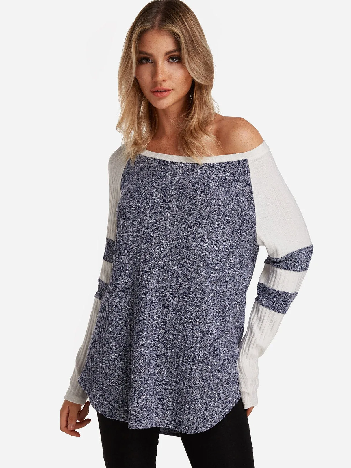 Custom Round Neck One Shoulder Stripe Cable Knit Long Sleeve Curved Hem T-Shirts