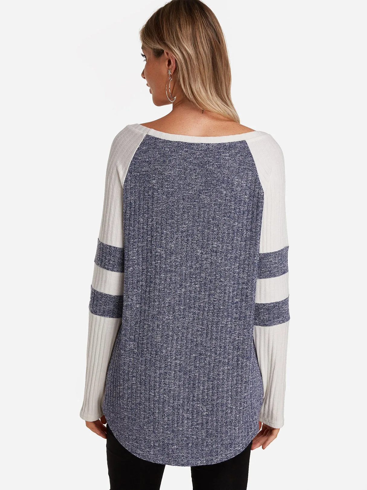 Custom Round Neck One Shoulder Stripe Cable Knit Long Sleeve Curved Hem T-Shirts