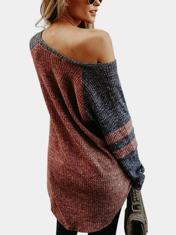 Custom Round Neck One Shoulder Stripe Cable Knit Long Sleeve Curved Hem T-Shirts