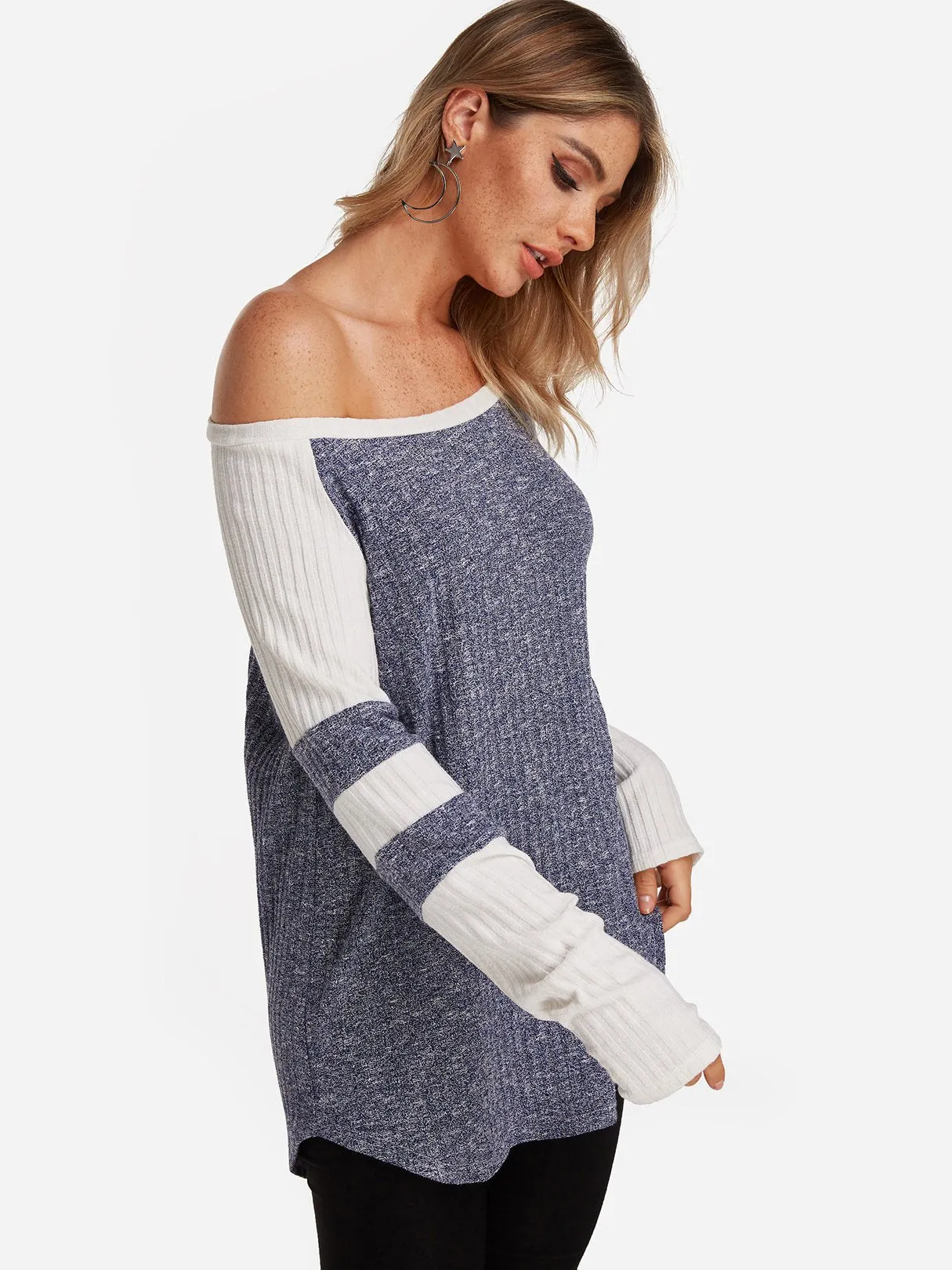 Custom Round Neck One Shoulder Stripe Cable Knit Long Sleeve Curved Hem T-Shirts