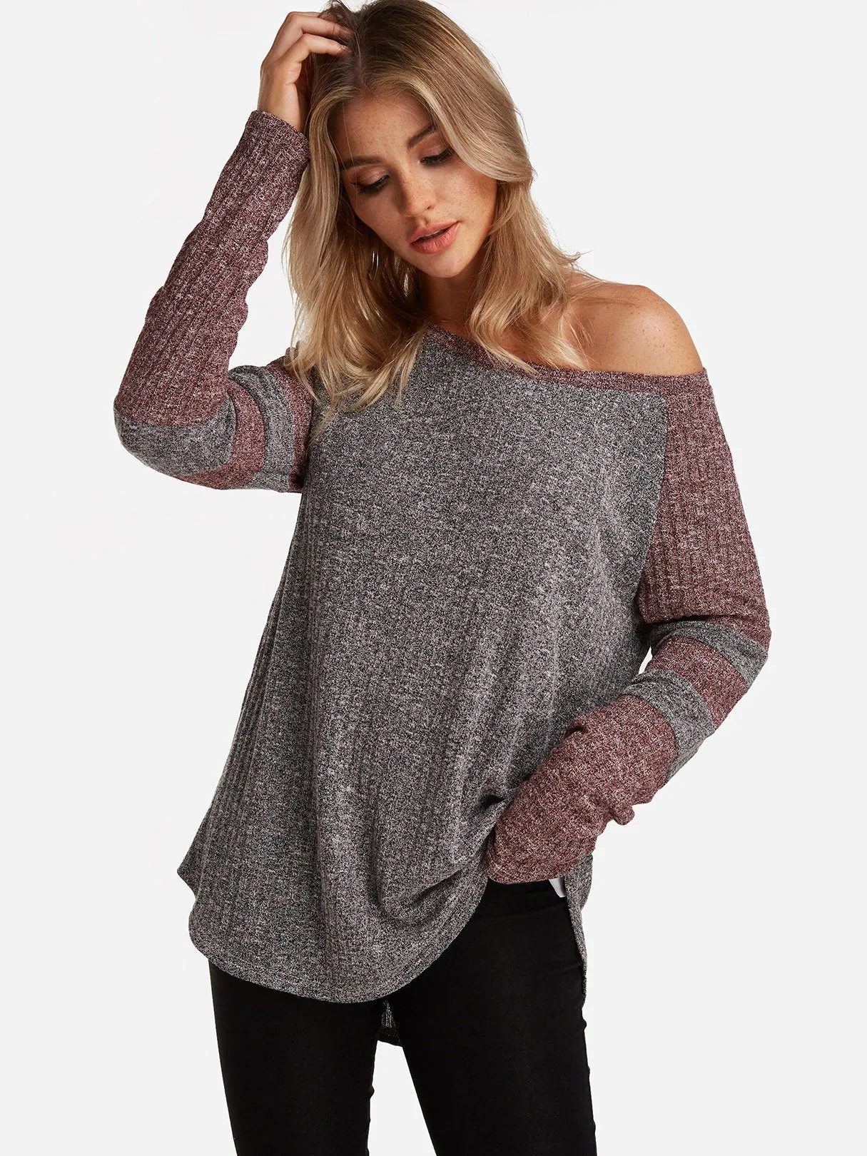 Custom Round Neck One Shoulder Stripe Cable Knit Long Sleeve Curved Hem T-Shirts