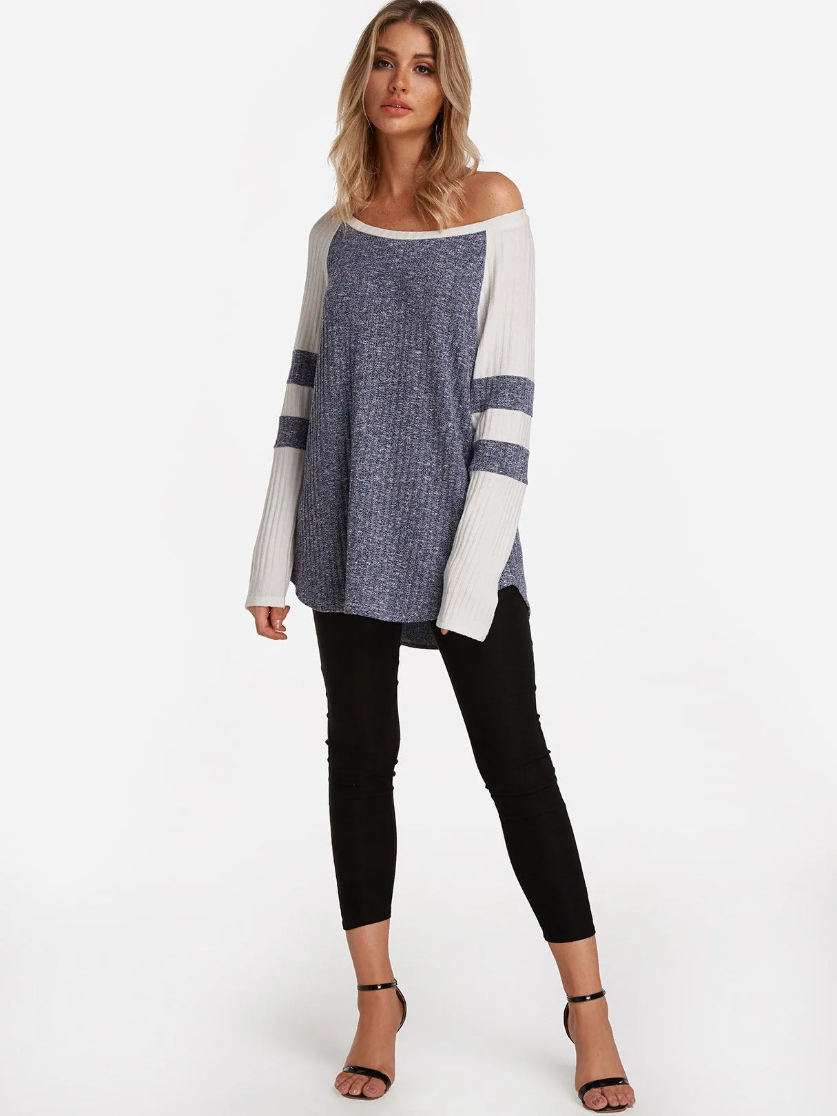 Custom Round Neck One Shoulder Stripe Cable Knit Long Sleeve Curved Hem T-Shirts