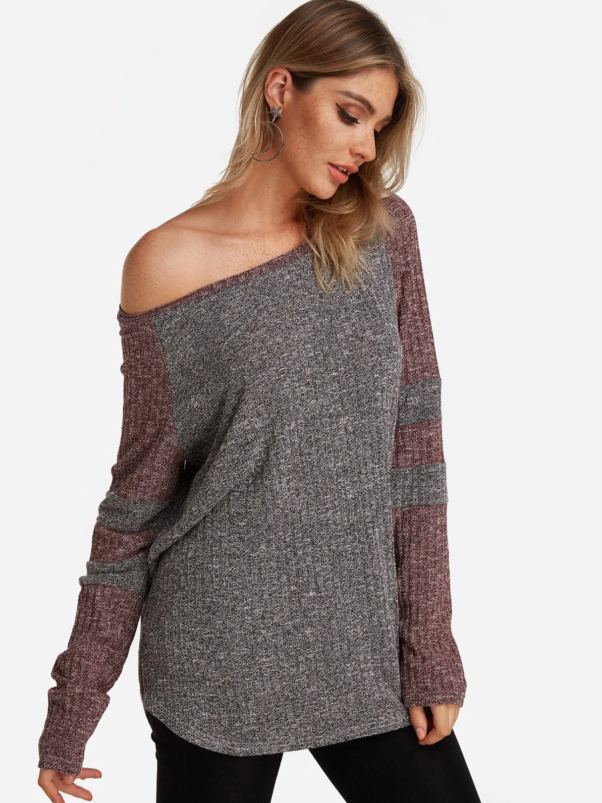 Custom Round Neck One Shoulder Stripe Cable Knit Long Sleeve Curved Hem T-Shirts