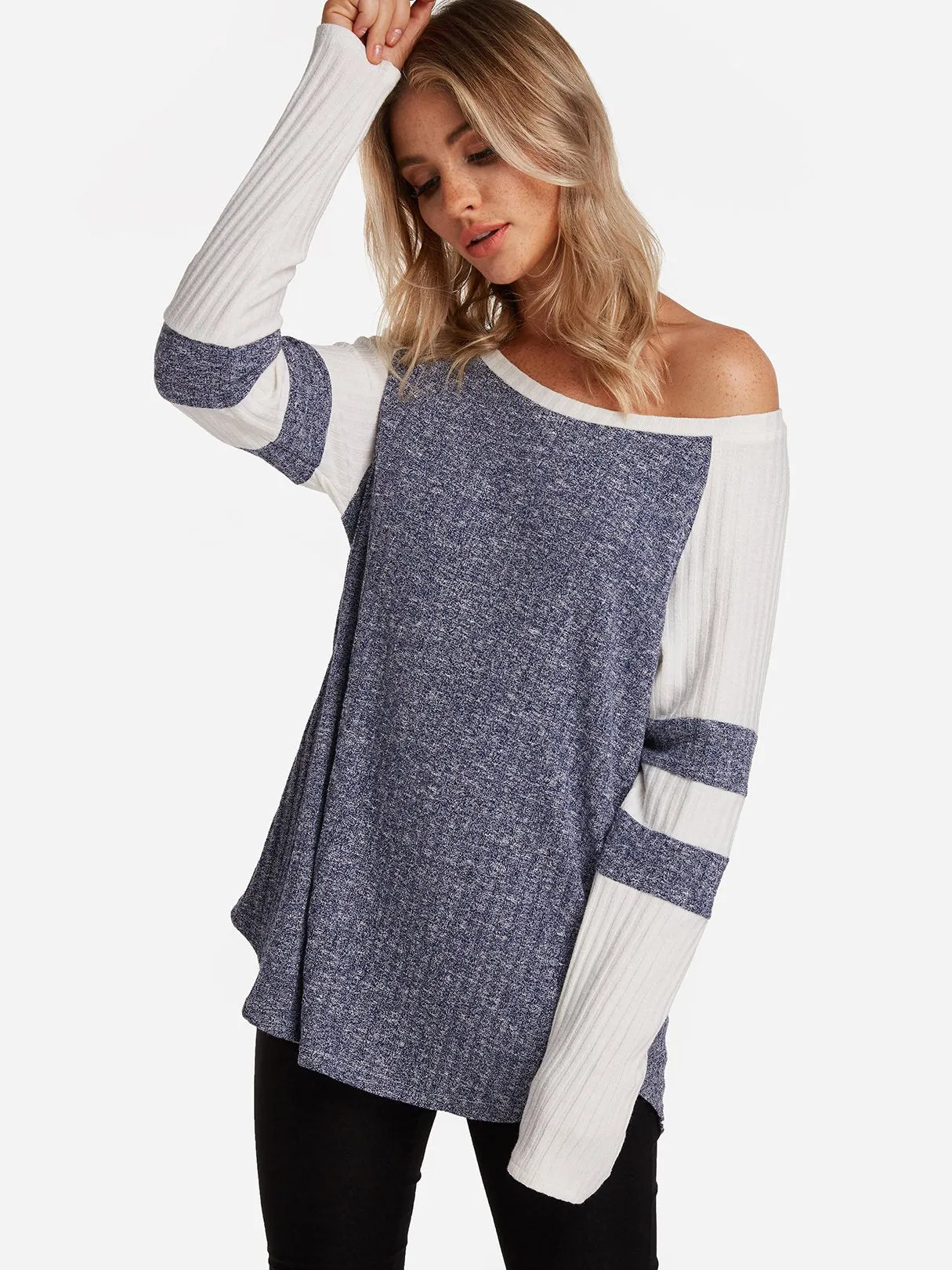Custom Round Neck One Shoulder Stripe Cable Knit Long Sleeve Curved Hem T-Shirts