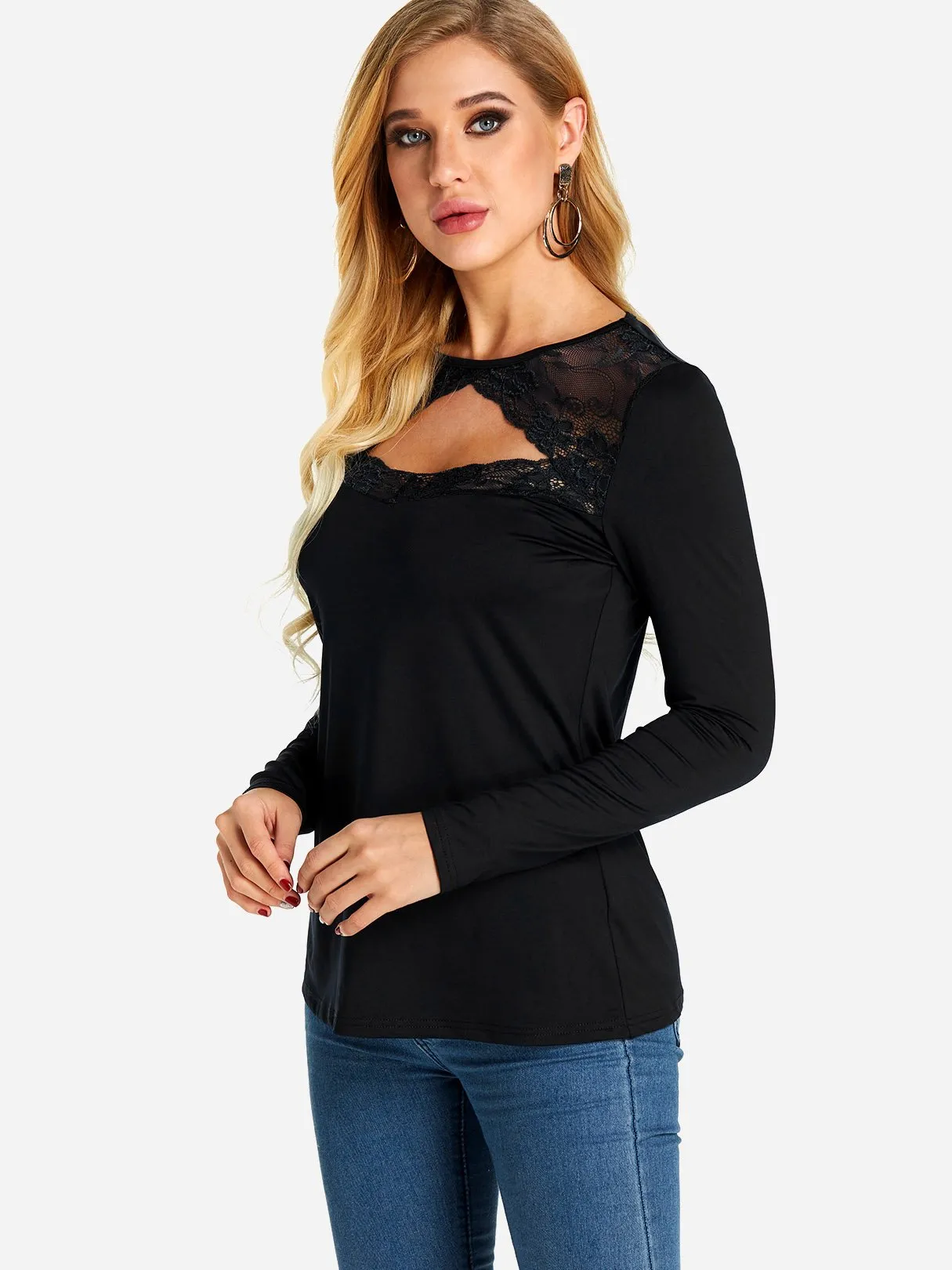 Custom Round Neck Plain Lace Cut Out Long Sleeve T-Shirts