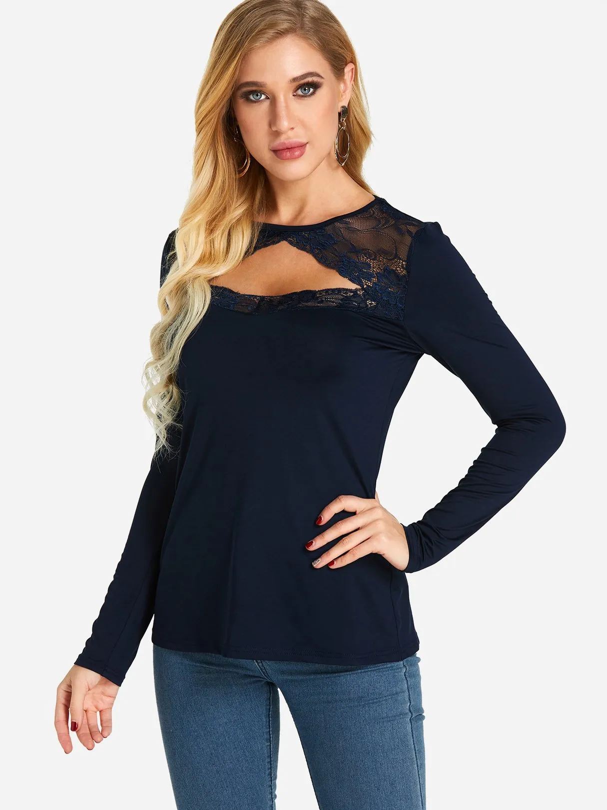 Custom Round Neck Plain Lace Cut Out Long Sleeve T-Shirts