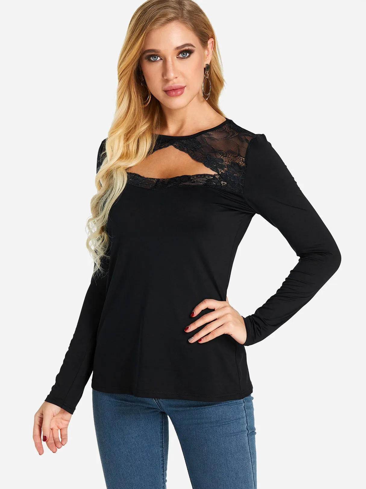 Custom Round Neck Plain Lace Cut Out Long Sleeve T-Shirts