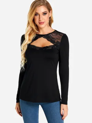 Custom Round Neck Plain Lace Cut Out Long Sleeve T-Shirts