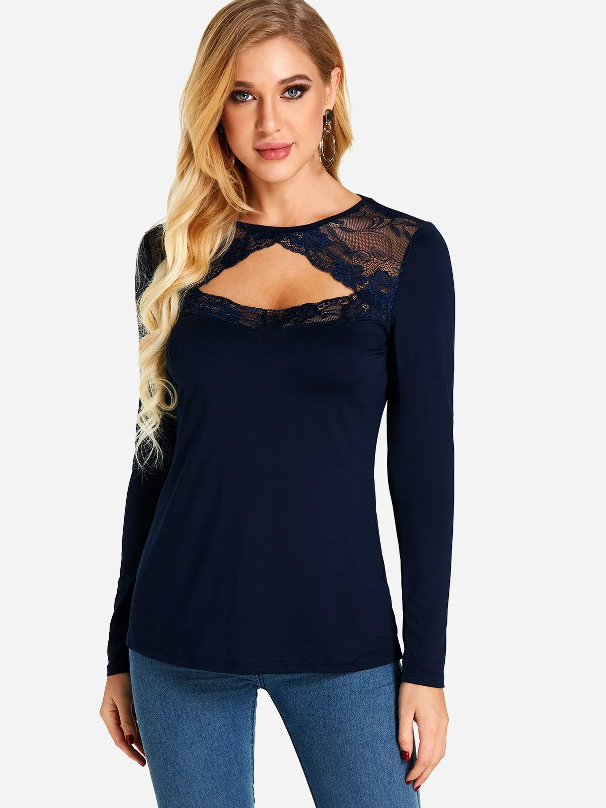 Custom Round Neck Plain Lace Cut Out Long Sleeve T-Shirts
