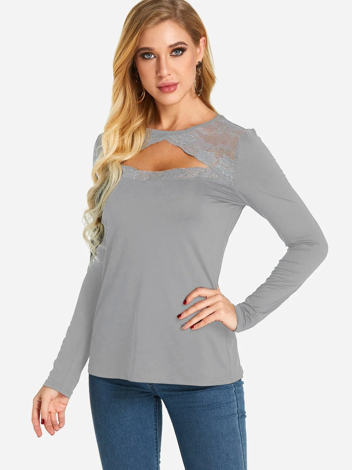 Custom Round Neck Plain Lace Cut Out Long Sleeve T-Shirts
