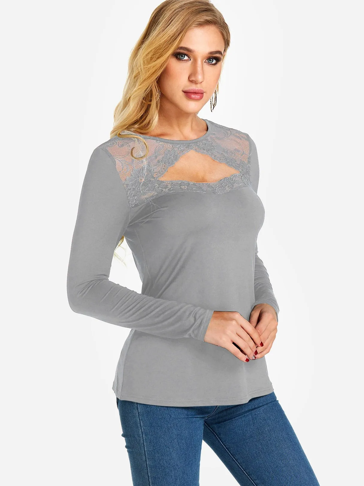 Custom Round Neck Plain Lace Cut Out Long Sleeve T-Shirts