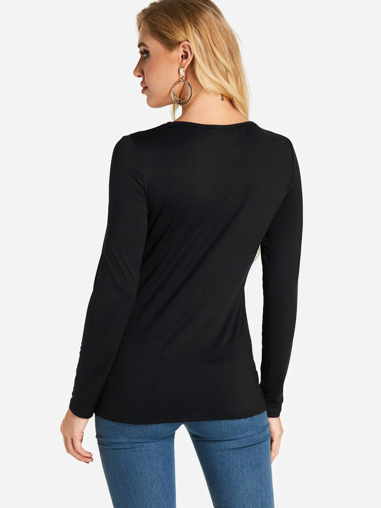 Custom Round Neck Plain Lace Cut Out Long Sleeve T-Shirts