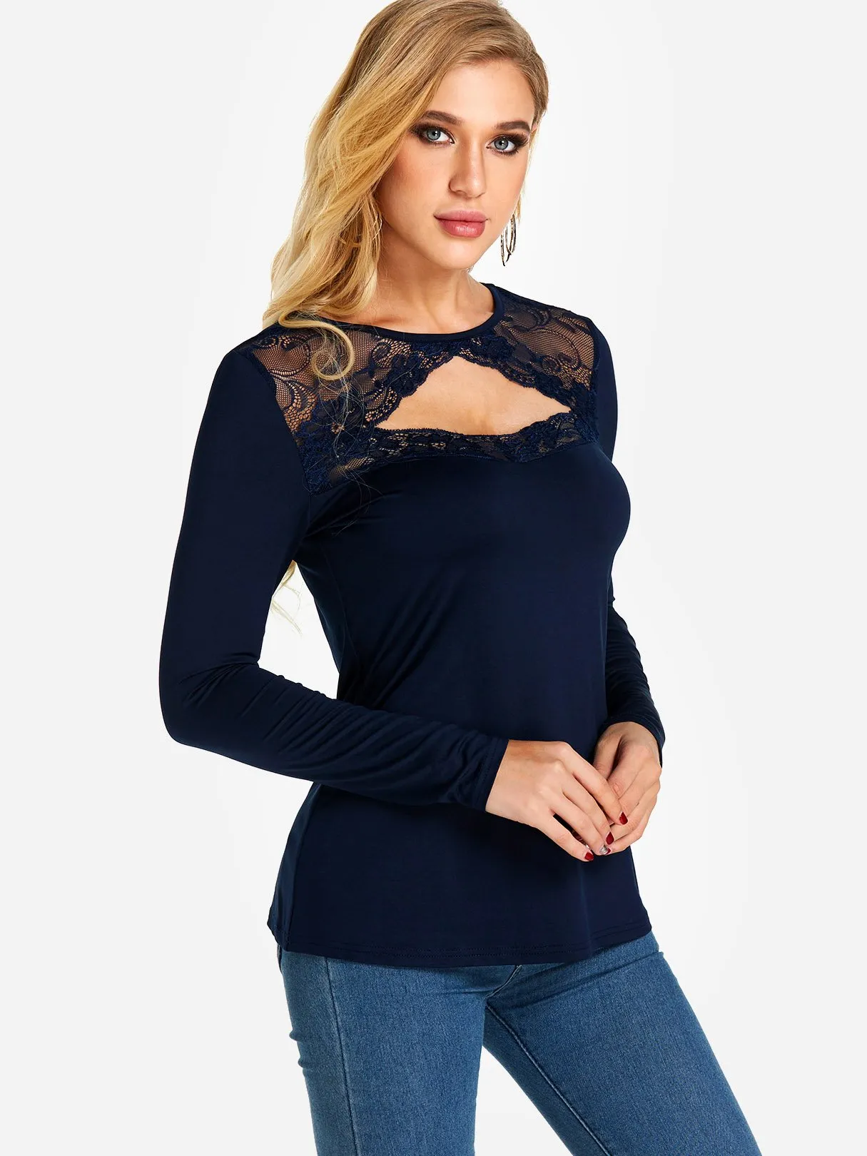 Custom Round Neck Plain Lace Cut Out Long Sleeve T-Shirts